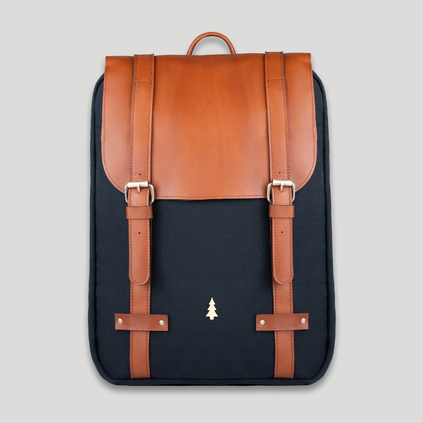 ARAS PINE Ferrando Backpack — navy canvas & tan leather