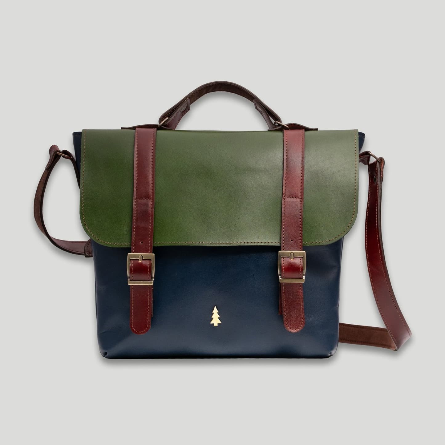 ARAS PINE Liore Messenger — green flap, navy body, burgundy straps