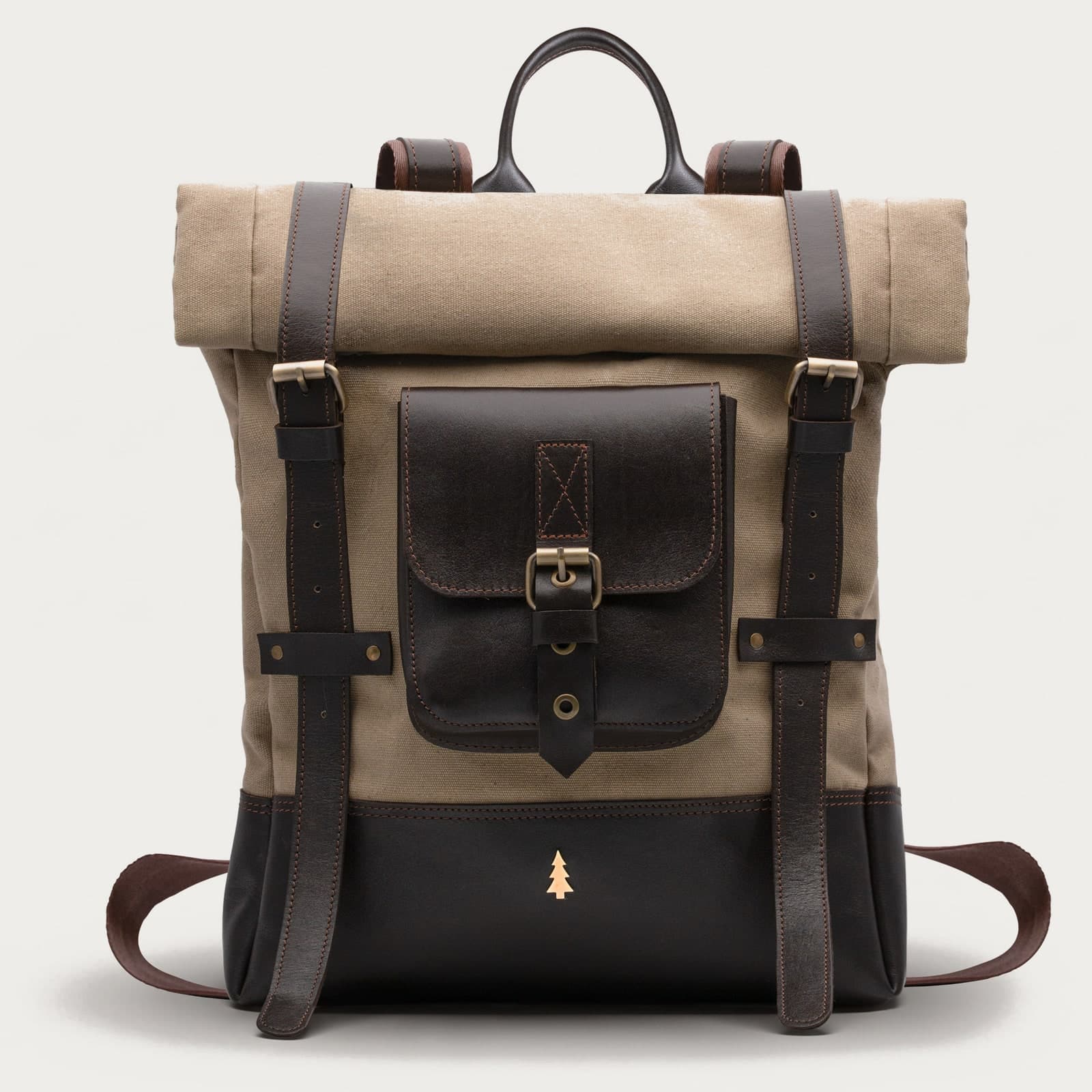 ARAS PINE Elvar Backpack — cream canvas & dark leather — leather backpack, handmade in Türkiye