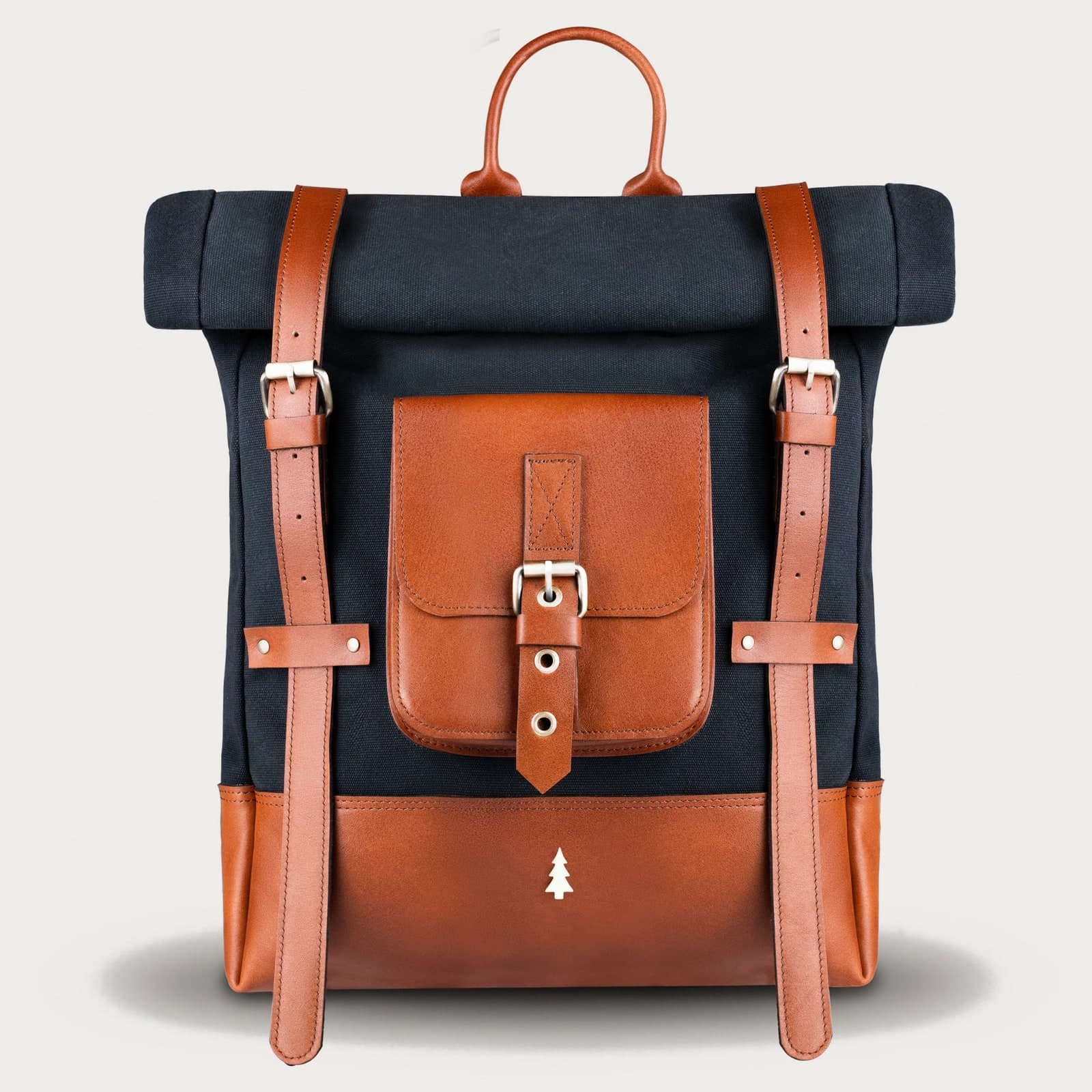 ARAS PINE Elvar Backpack — navy canvas & tan leather — leather backpack, handmade in Türkiye