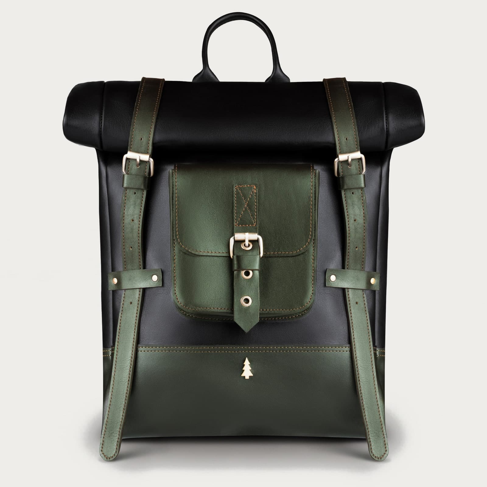 ARAS PINE Elvar Backpack — black & forest green rolltop — leather backpack, handmade in Türkiye