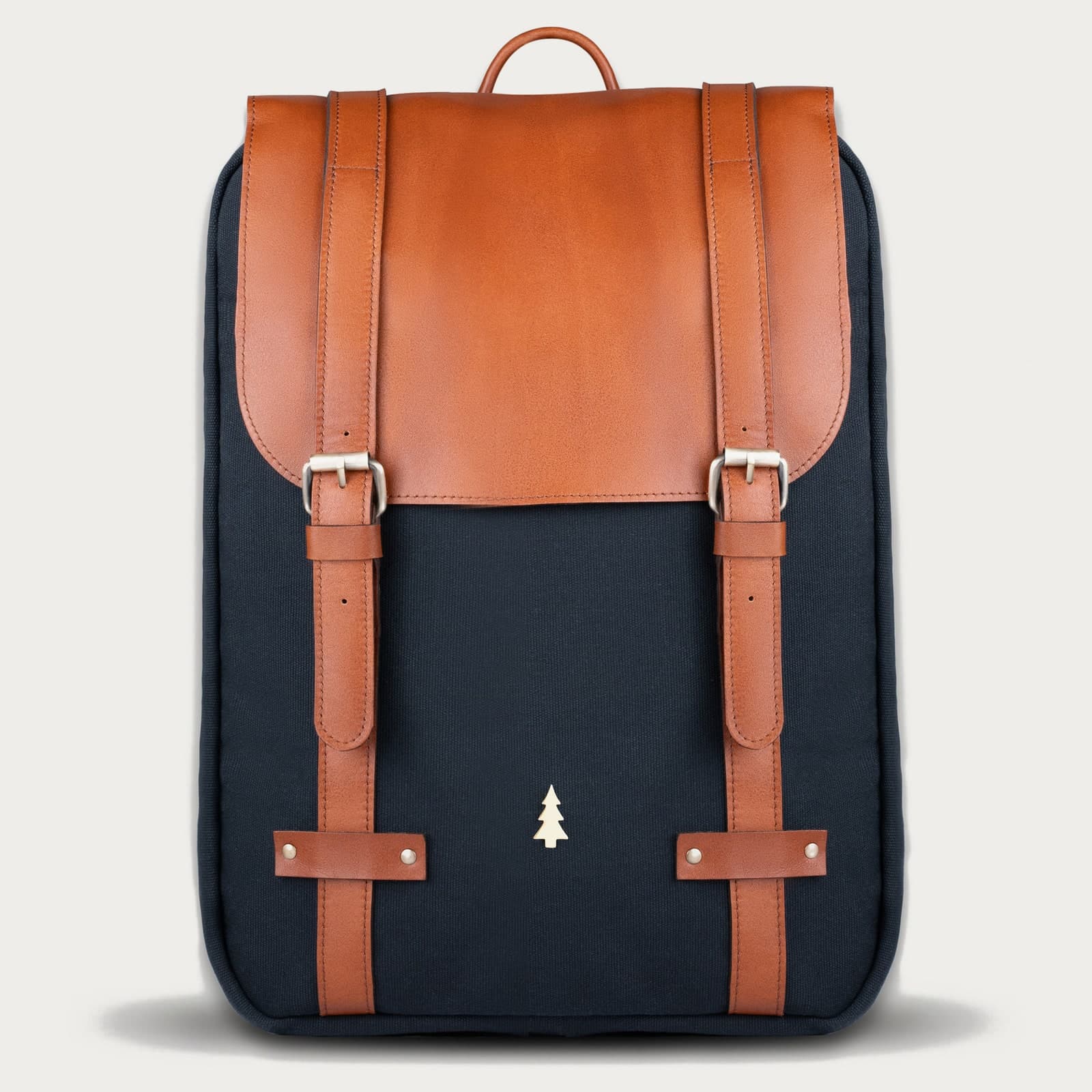 ARAS PINE Ferrando Backpack — navy canvas & tan leather — leather backpack, handmade in Türkiye