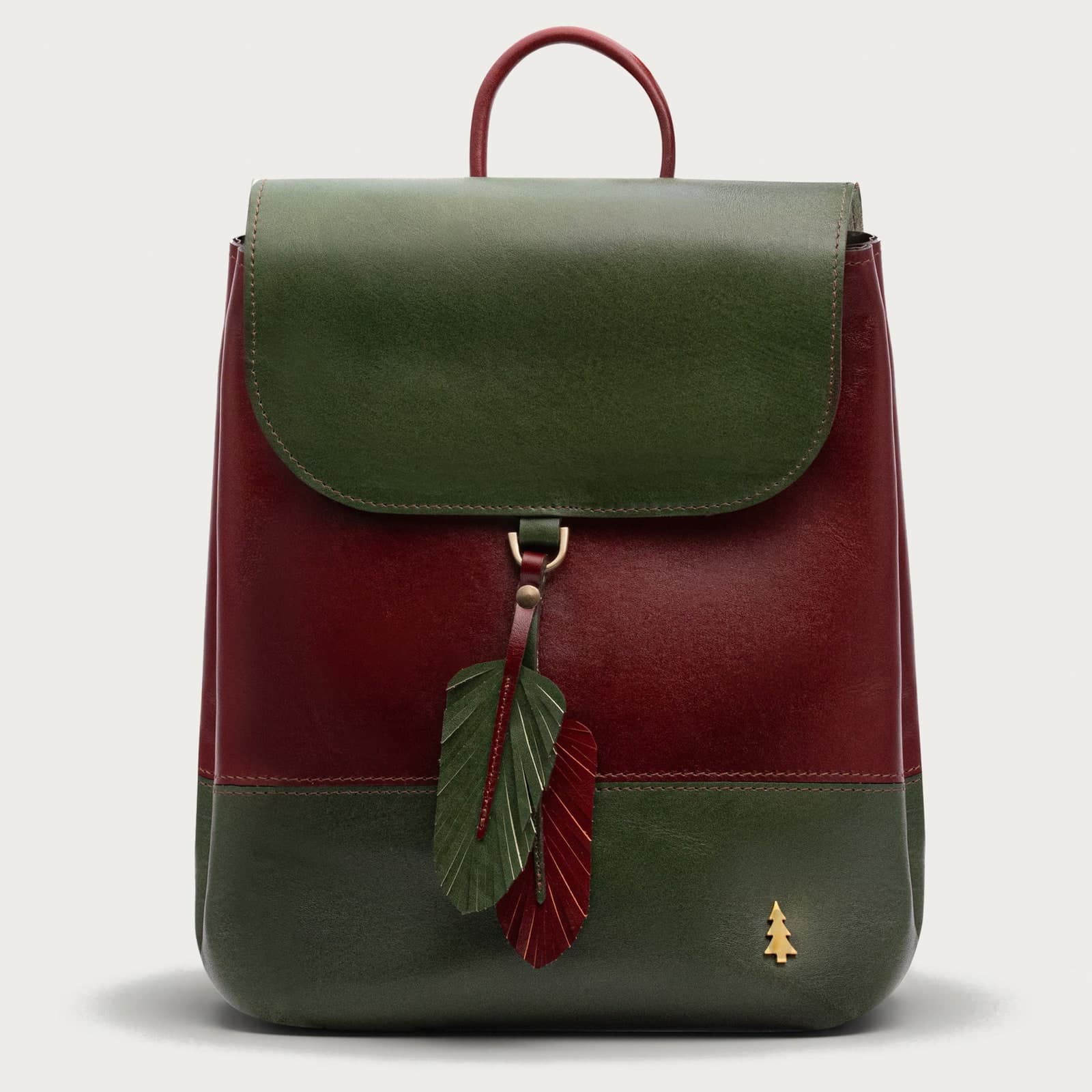 ARAS PINE Feather Backpack — burgundy & forest green — leather backpack, handmade in Türkiye