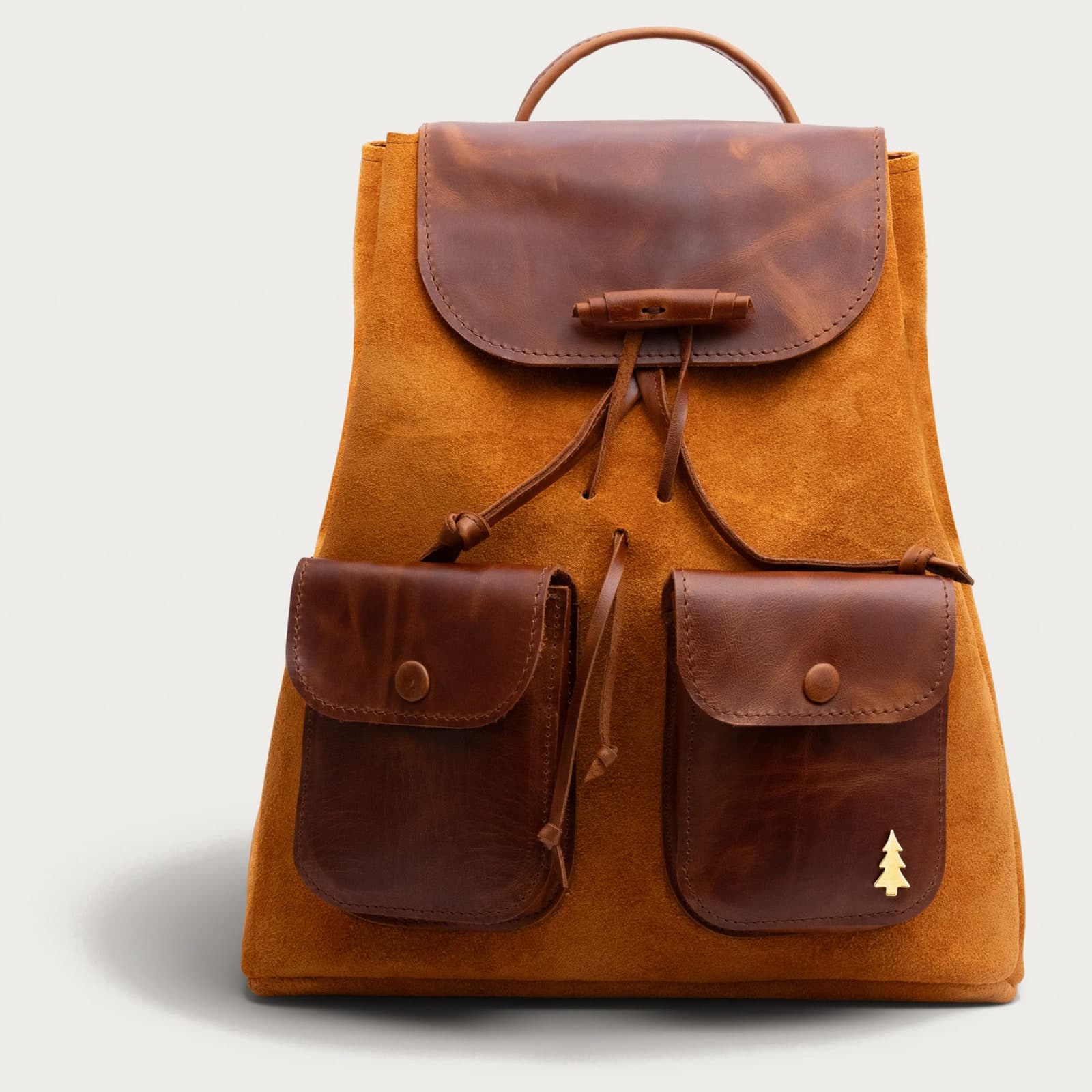 ARAS PINE Prato Backpack — cognac suede & chestnut leather — leather backpack, handmade in Türkiye