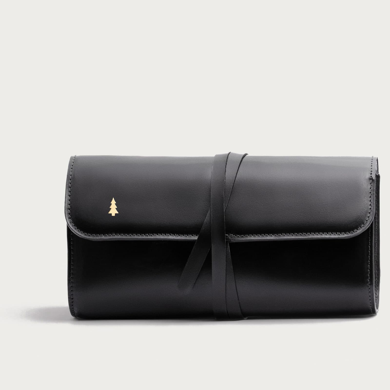 ARAS PINE Corda Clutch — black leather with wraparound tie — leather clutch, handmade in Türkiye