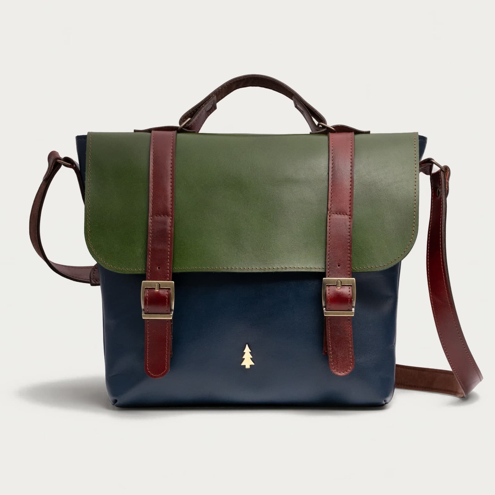 ARAS PINE Liore Messenger — green flap, navy body, burgundy straps — leather messenger bag, handmade in Türkiye