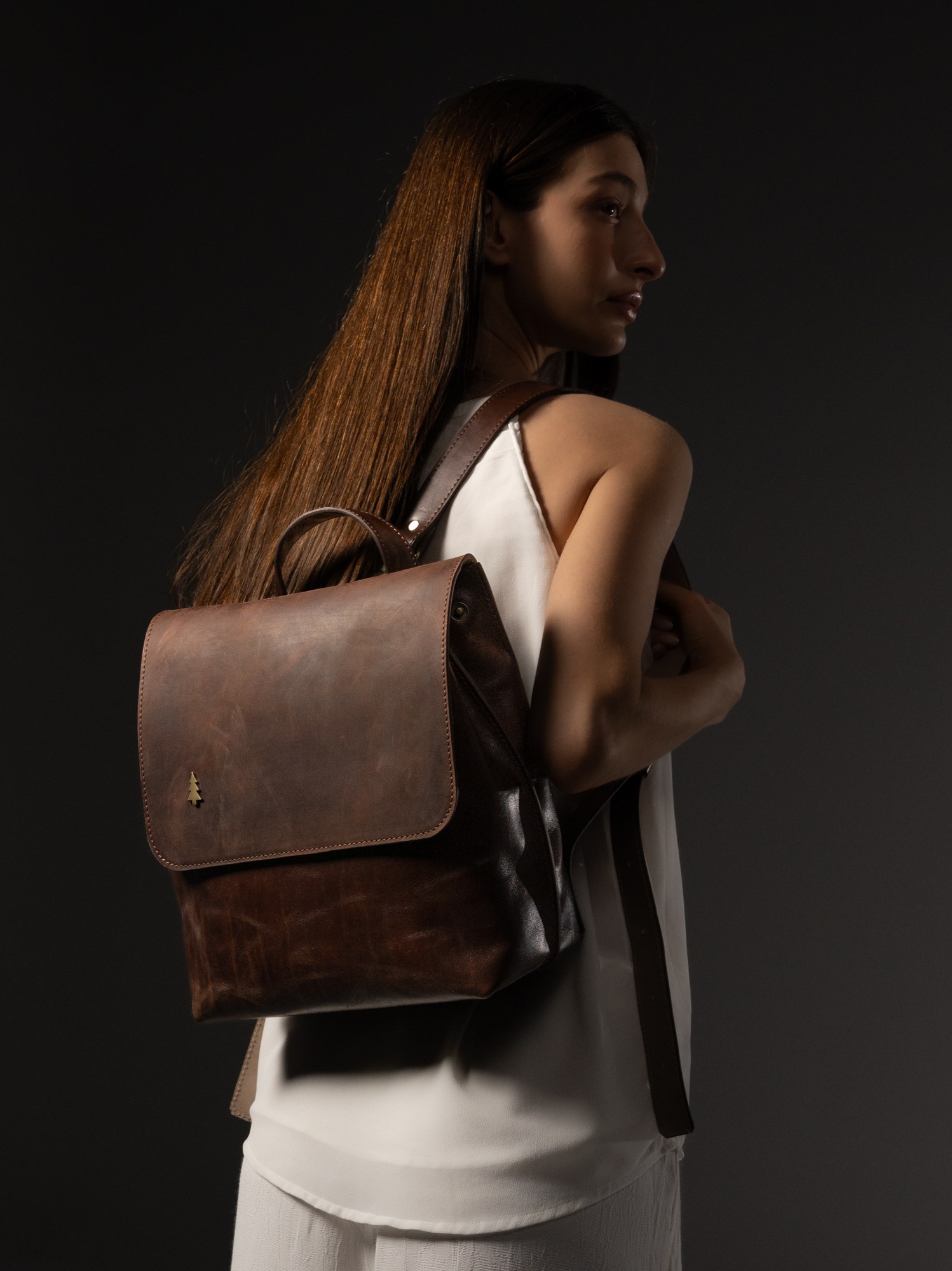 ARAS PINE Marcel Backpack — worn by model — leather backpack, handmade in Türkiye