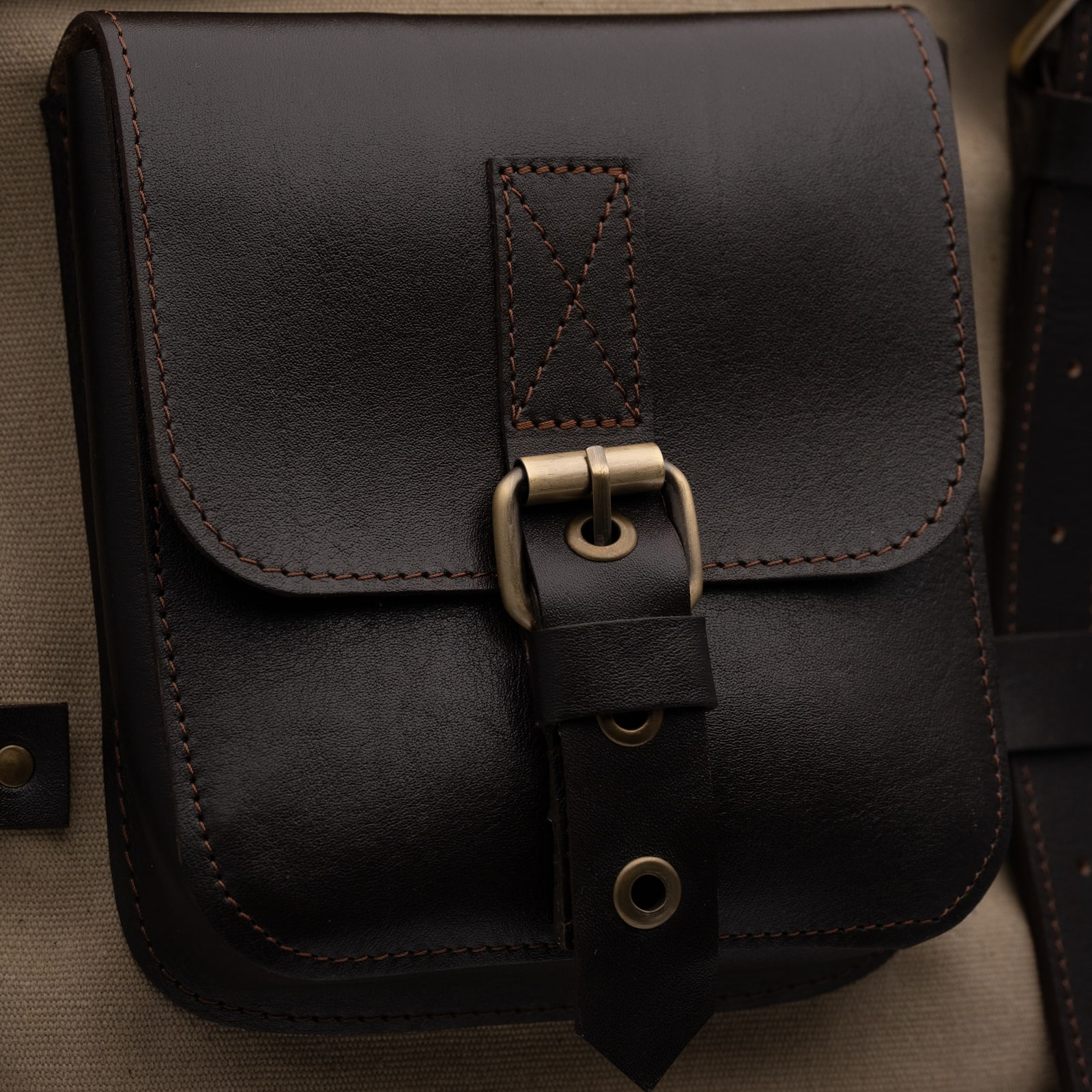 ARAS PINE Elvar Backpack — cream canvas & dark leather, detail — leather backpack (close-up detail), handmade in Türkiye