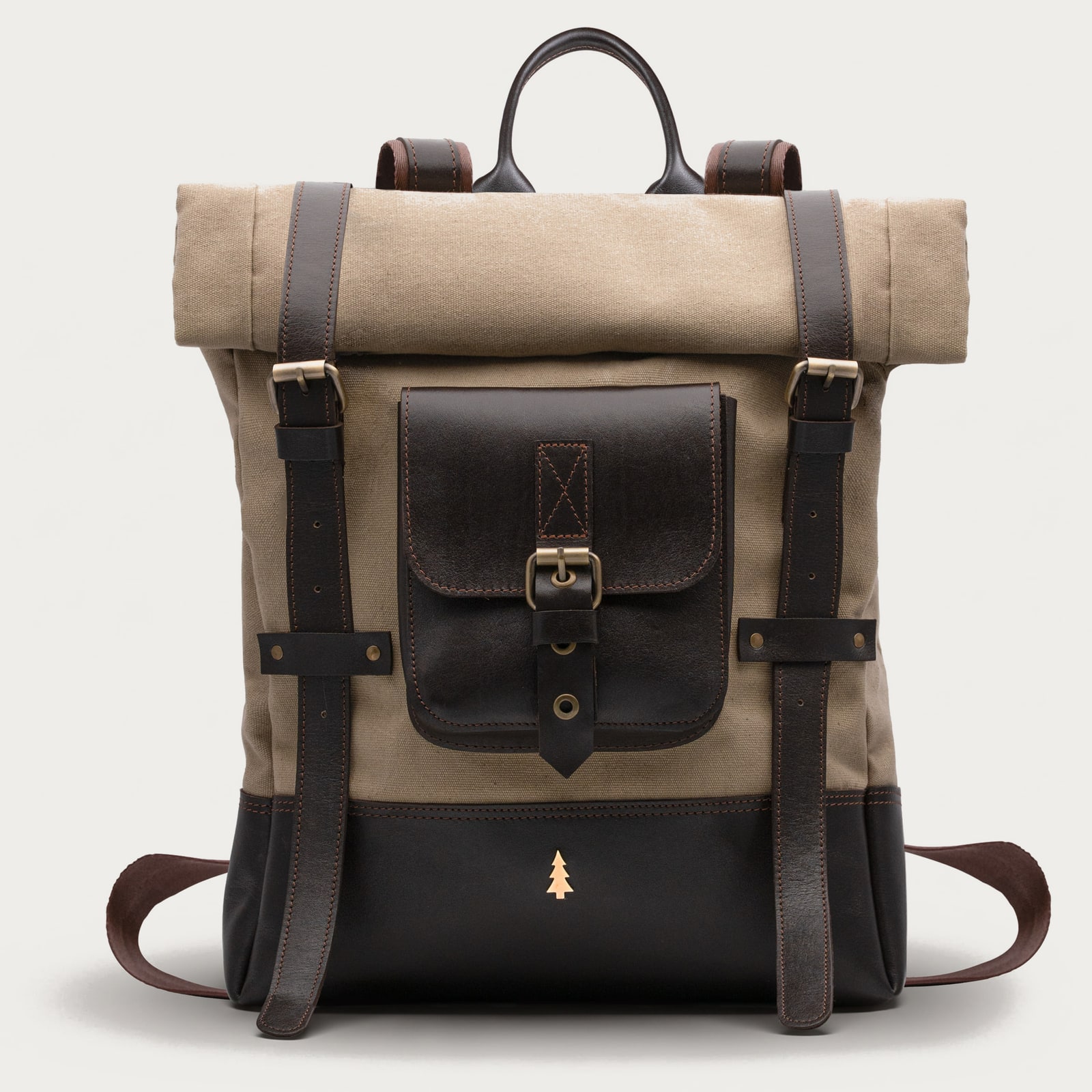 ARAS PINE Elvar Backpack — cream canvas & dark leather — leather backpack, handmade in Türkiye