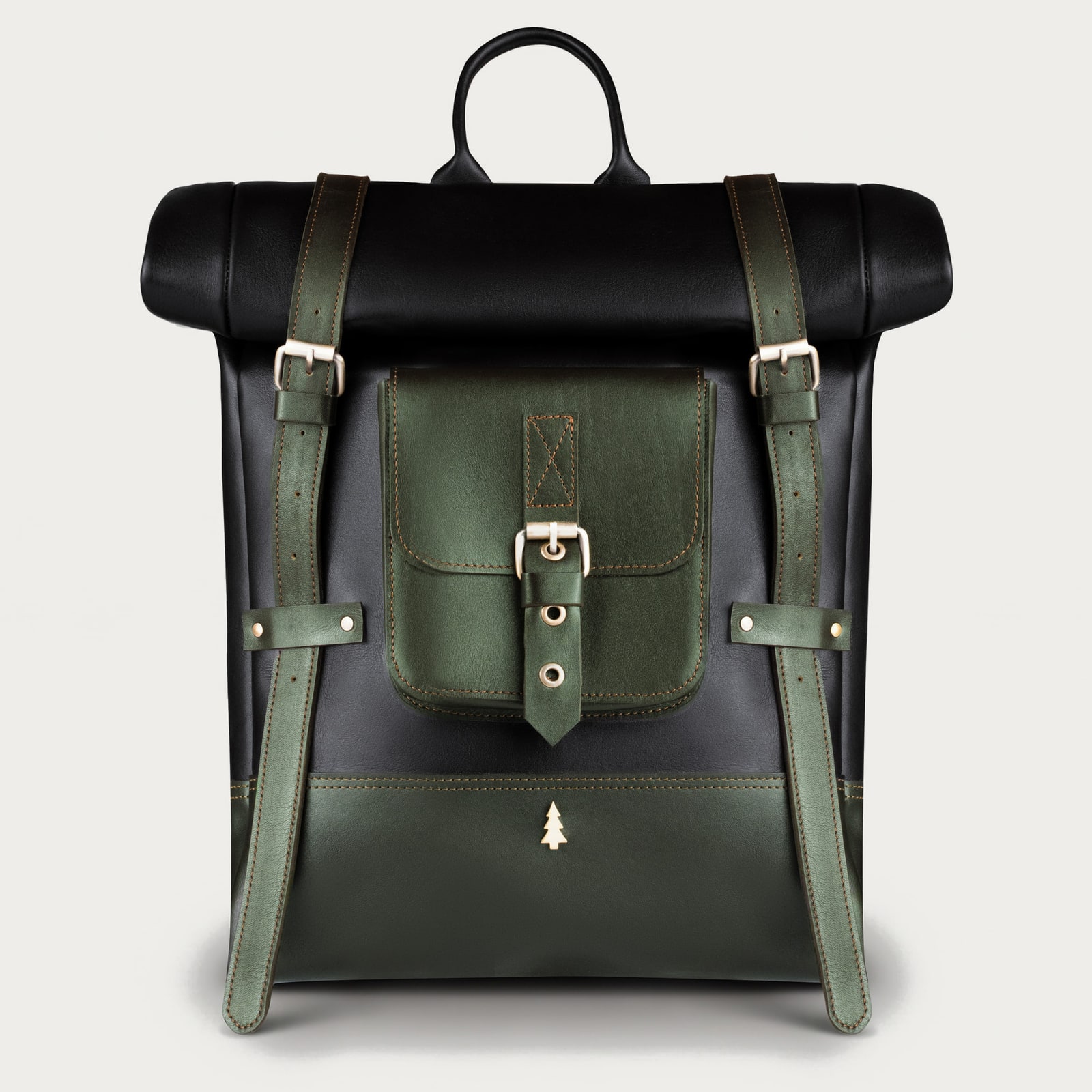 ARAS PINE Elvar Backpack — black & forest green rolltop — leather backpack, handmade in Türkiye