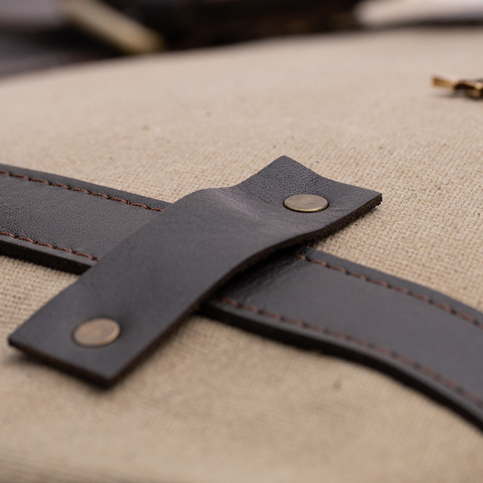 ARAS PINE Ferrando Backpack — cream canvas & chocolate leather, detail — leather backpack (close-up detail), handmade in Türkiye