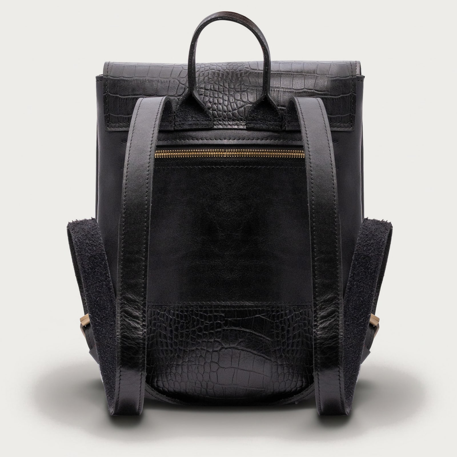 ARAS PINE Feather Backpack — black croc-embossed, back — leather backpack (back view), handmade in Türkiye