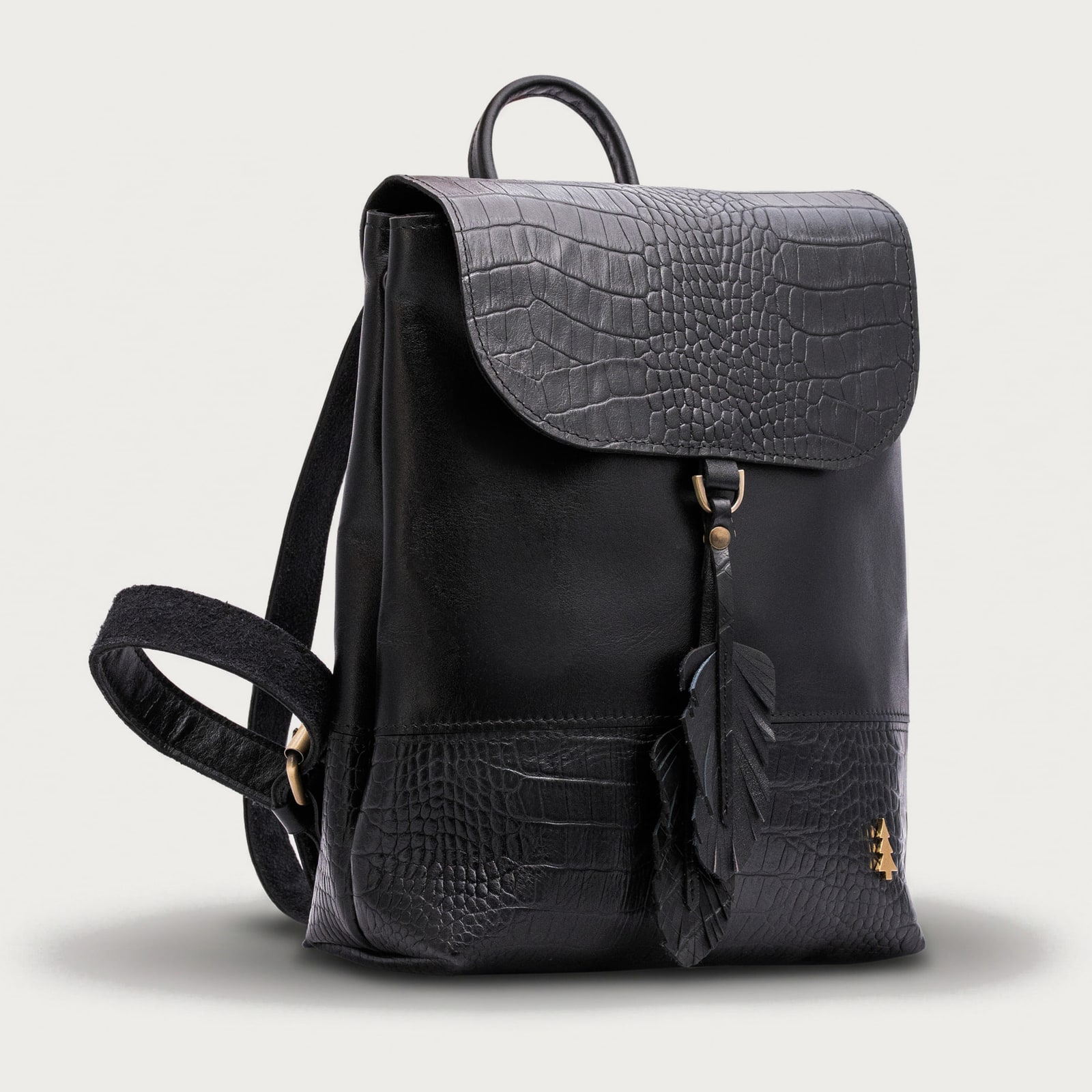 ARAS PINE Feather Backpack — black croc-embossed, side — leather backpack (side view), handmade in Türkiye