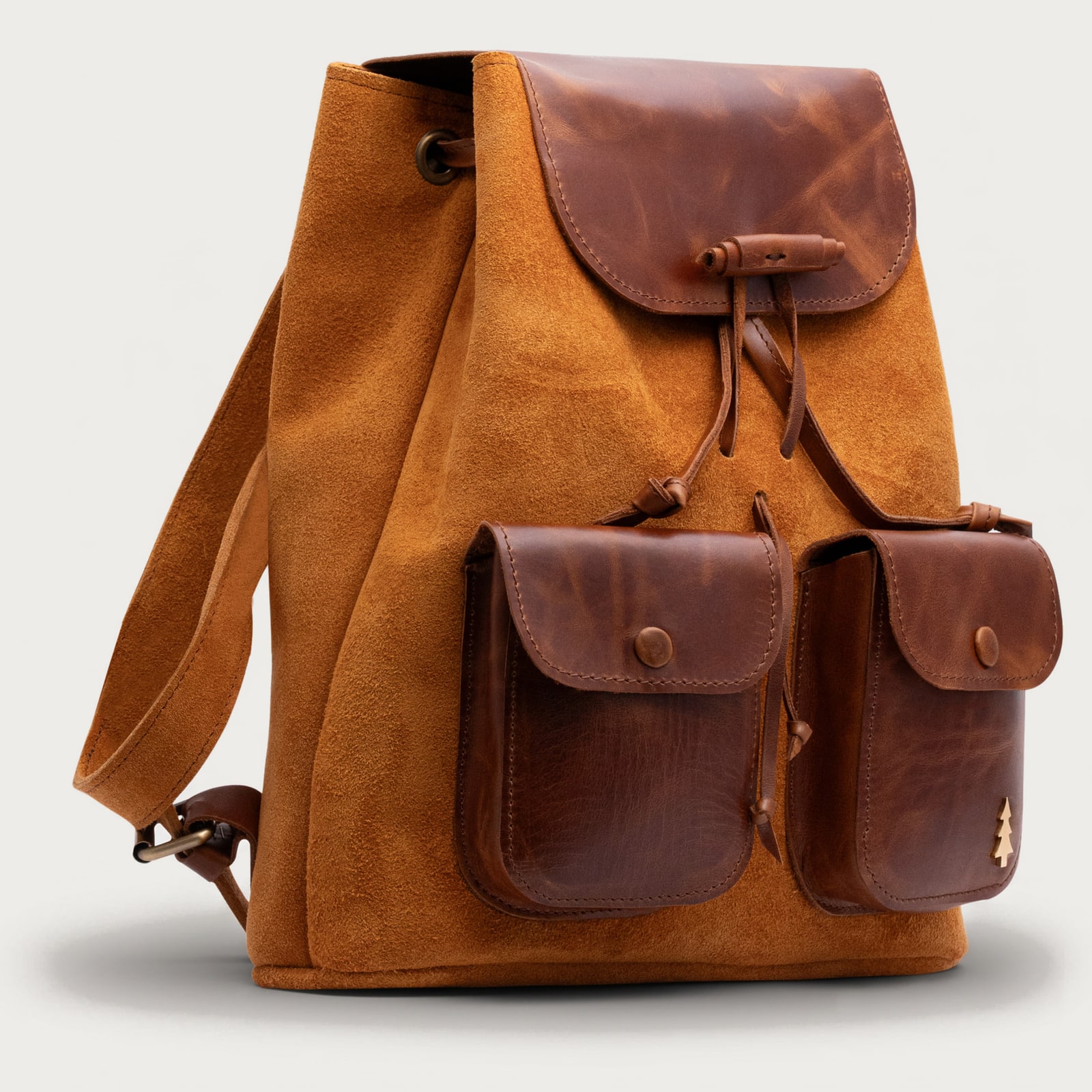 ARAS PINE Prato Backpack — cognac suede & chestnut leather, side — leather backpack (side view), handmade in Türkiye