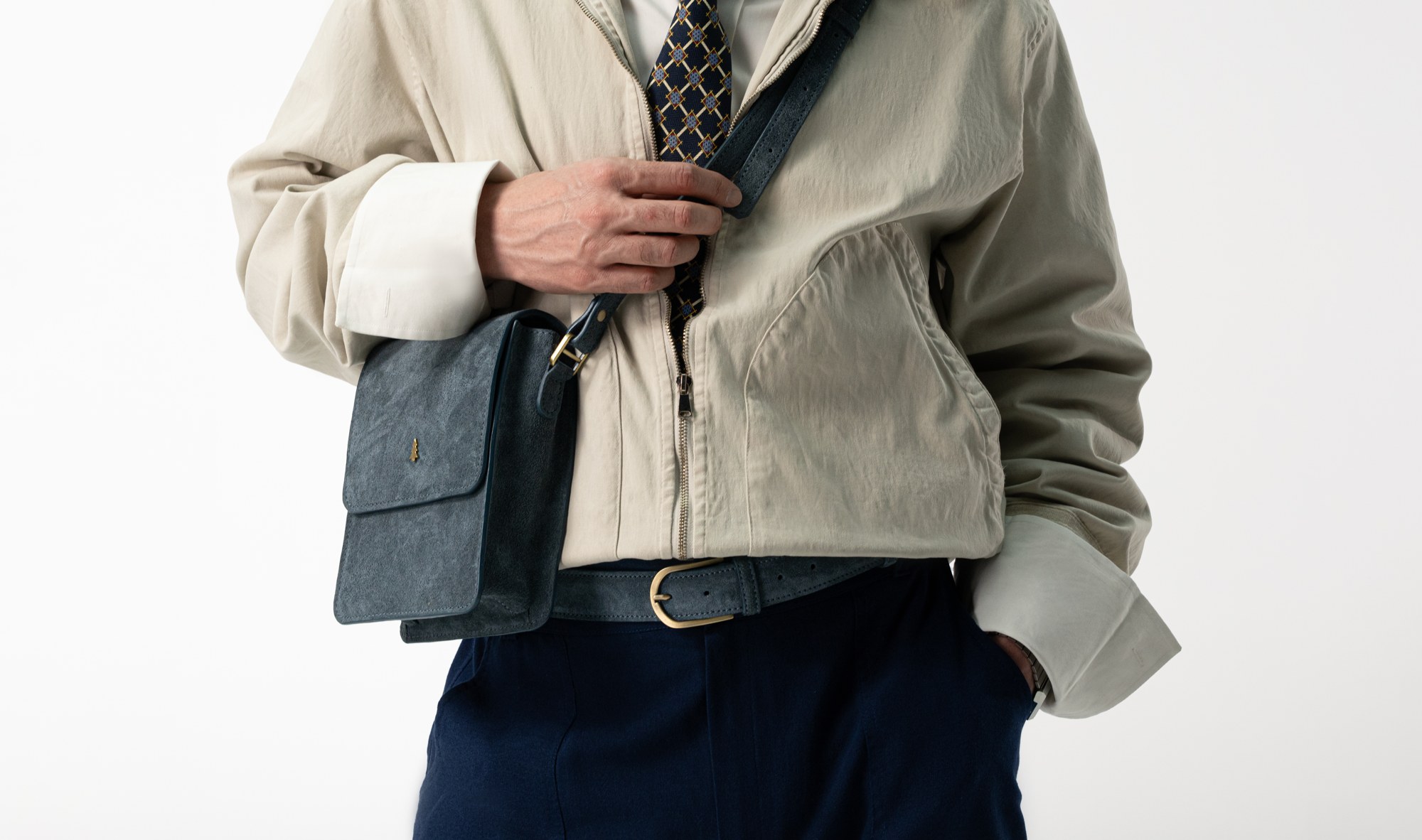 ARAS PINE Cielo Crossbody — worn by model in beige jacket — leather crossbody bag (worn by a model), handmade in Türkiye