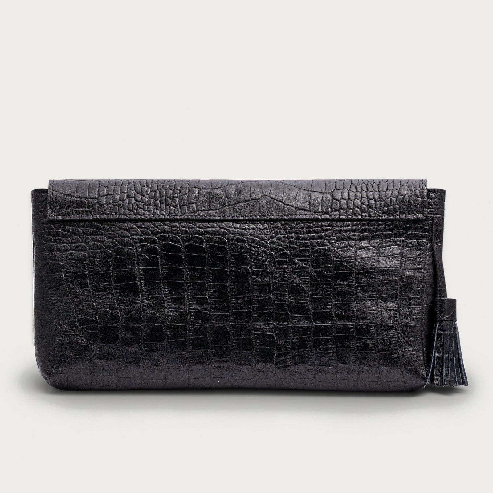 ARAS PINE Venera Clutch — black croc-embossed, back — leather clutch (back view), handmade in Türkiye