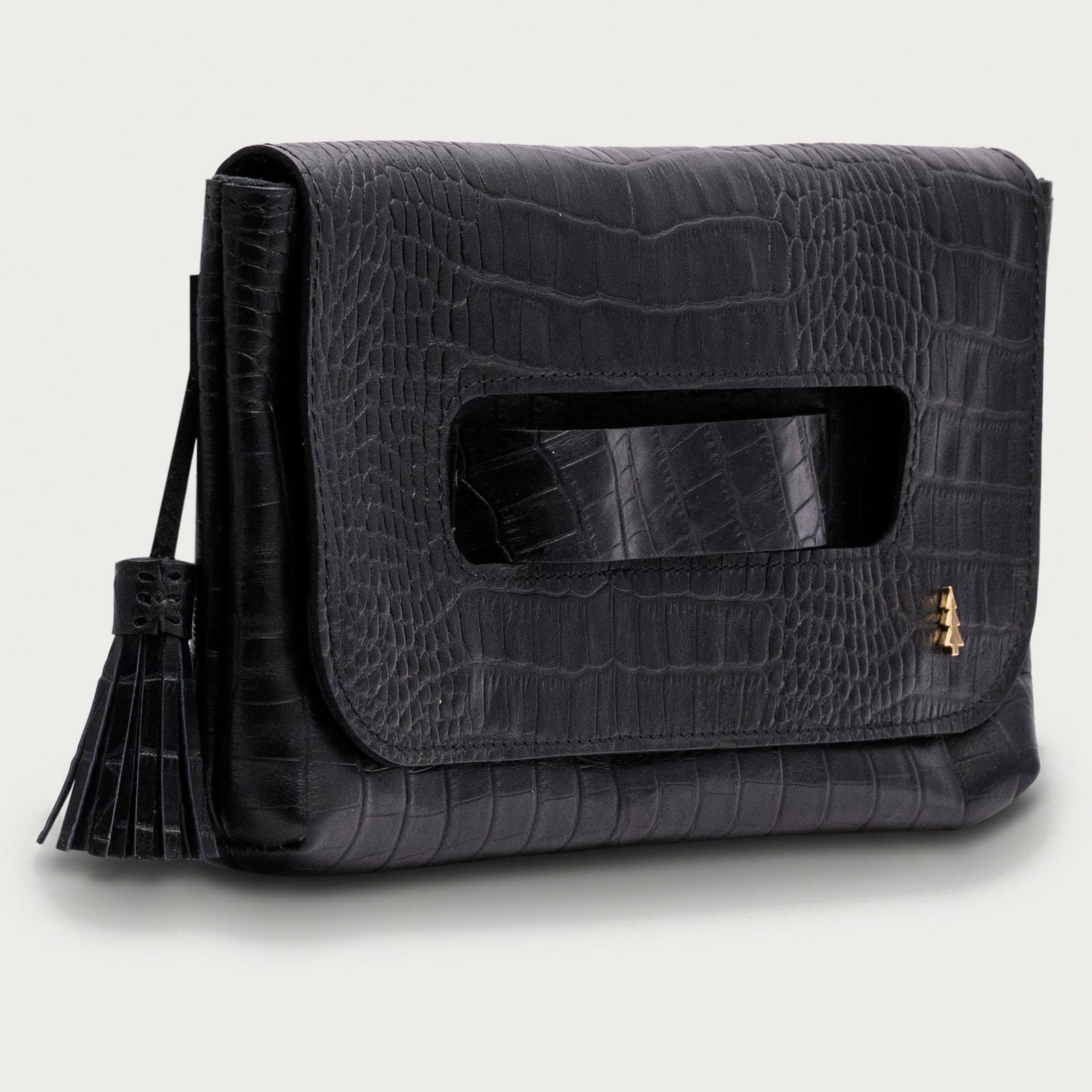 ARAS PINE Venera Clutch — black croc-embossed, side — leather clutch (side view), handmade in Türkiye