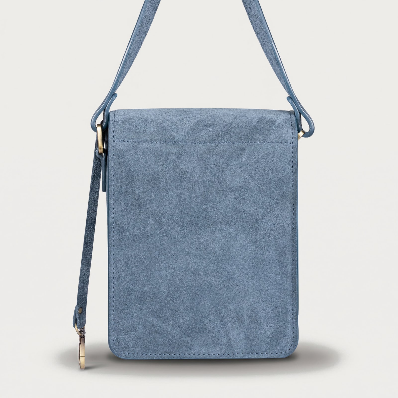 ARAS PINE Cielo Crossbody — blue-grey suede, back — leather crossbody bag (back view), handmade in Türkiye