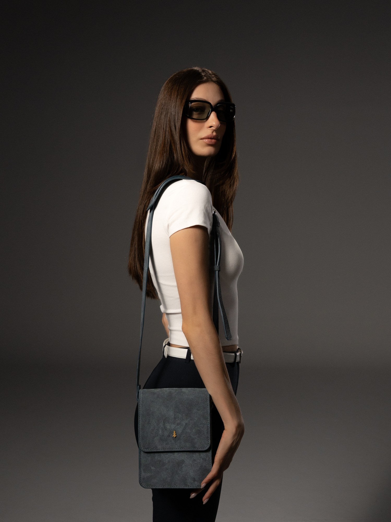 ARAS PINE Cielo Crossbody — worn by model — leather crossbody bag, handmade in Türkiye