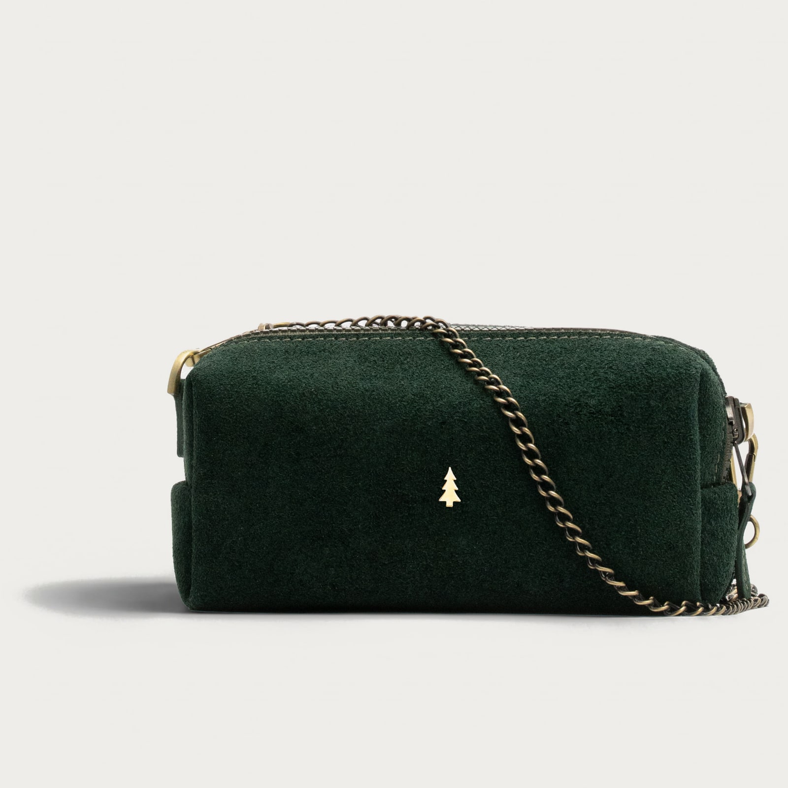 ARAS PINE Ivrea Crossbody — green suede with brass chain — leather crossbody bag, handmade in Türkiye