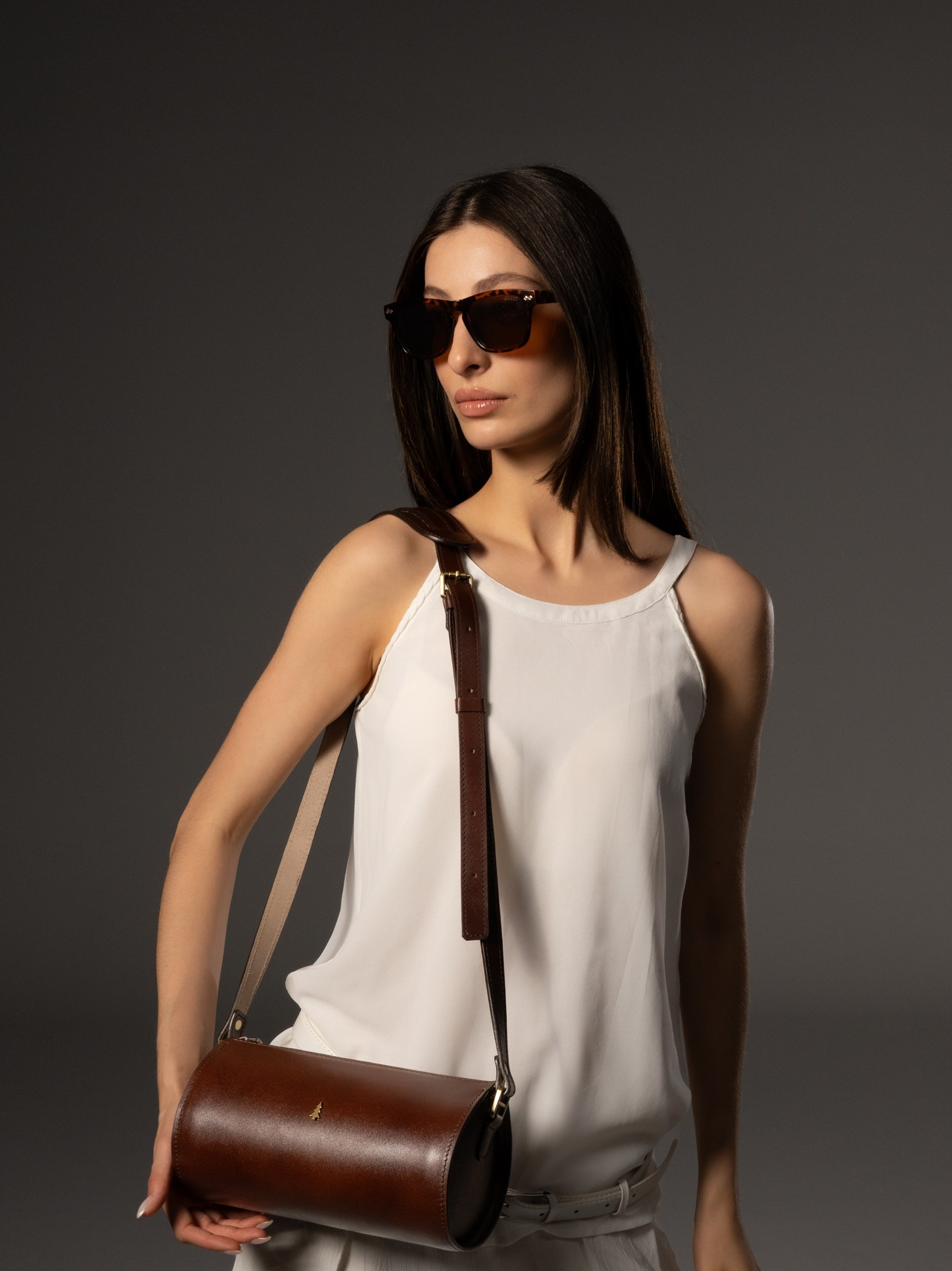 ARAS PINE Crossbody — worn by model — leather crossbody bag, handmade in Türkiye