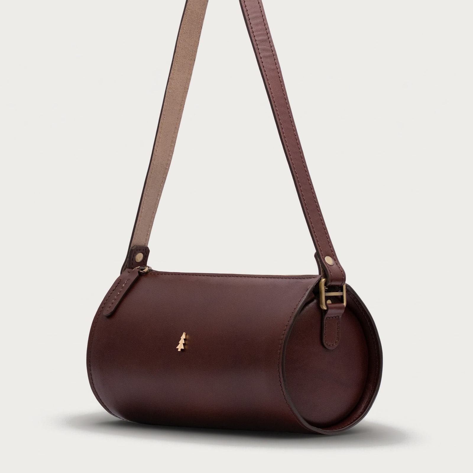 ARAS PINE Crossbody — burgundy barrel, side — leather crossbody bag (side view), handmade in Türkiye