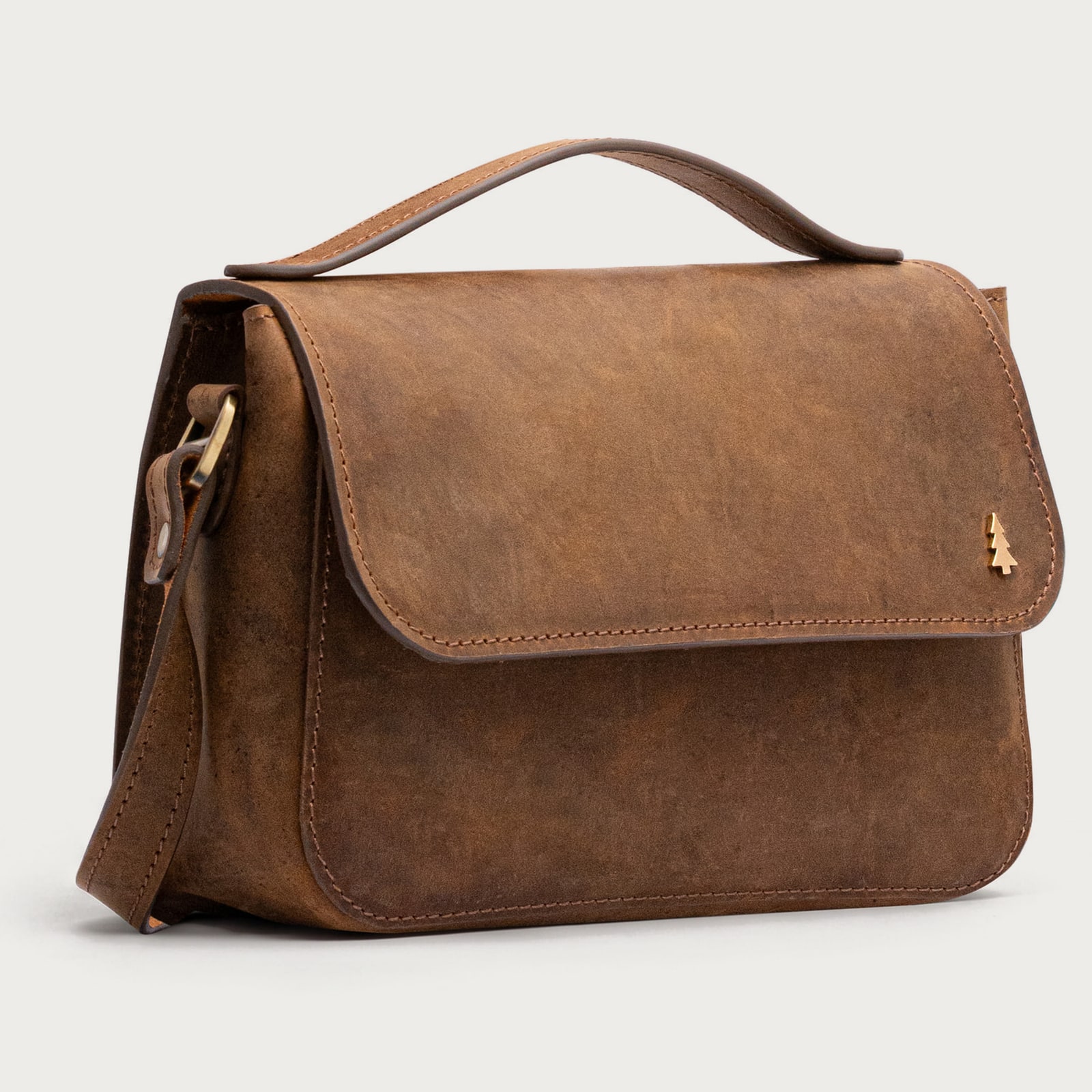 ARAS PINE Livia Crossbody — brown nubuck top-handle, side — leather crossbody bag (side view), handmade in Türkiye
