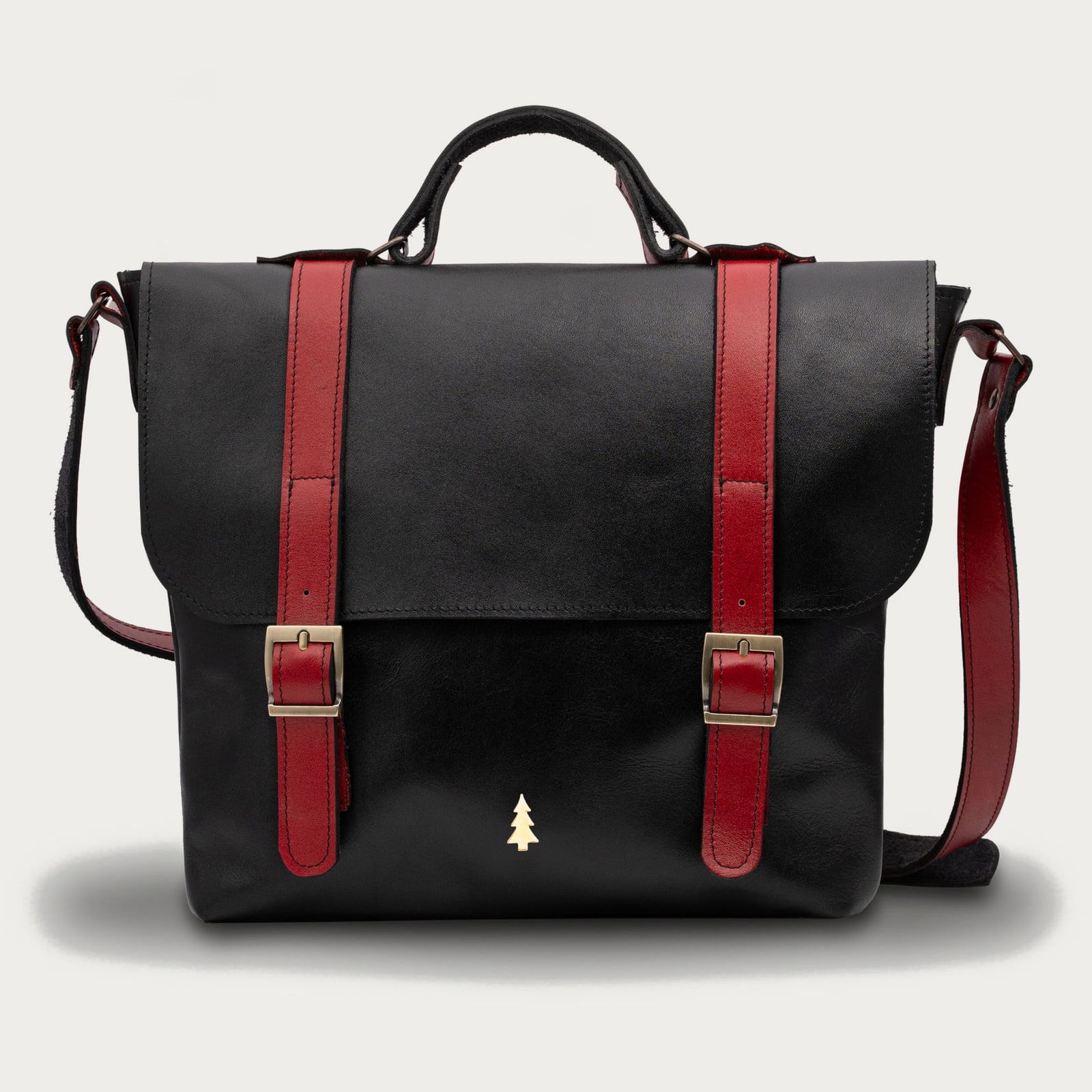 ARAS PINE Liore Messenger — black body, red straps — leather messenger bag, handmade in Türkiye